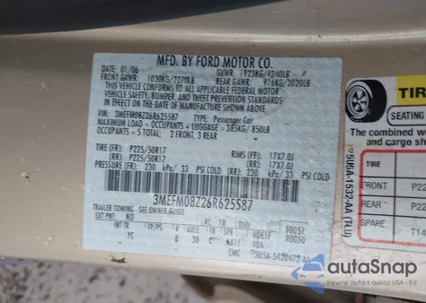 2006 Mercury Milan I4 Premier from USA, damaged, VIN 3MEFM08Z26R625587